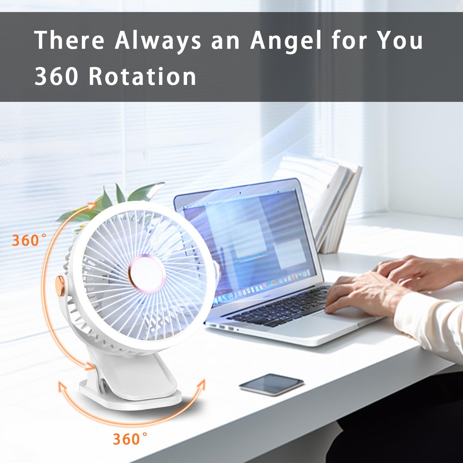 Mini Clip-on Fan with LED Light - USB Rechargeable, 360 degrees Rotatable, 5-Speed Cooling for Desk, Bed, V1107-CS-BXFS