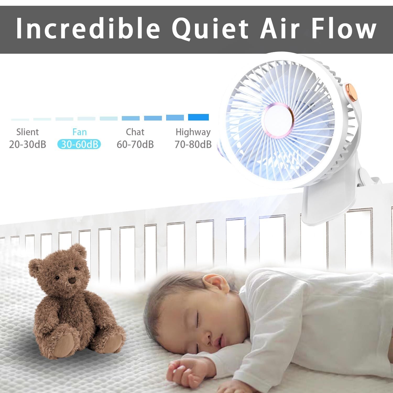Mini Clip-on Fan with LED Light - USB Rechargeable, 360 degrees Rotatable, 5-Speed Cooling for Desk, Bed, V1107-CS-BXFS