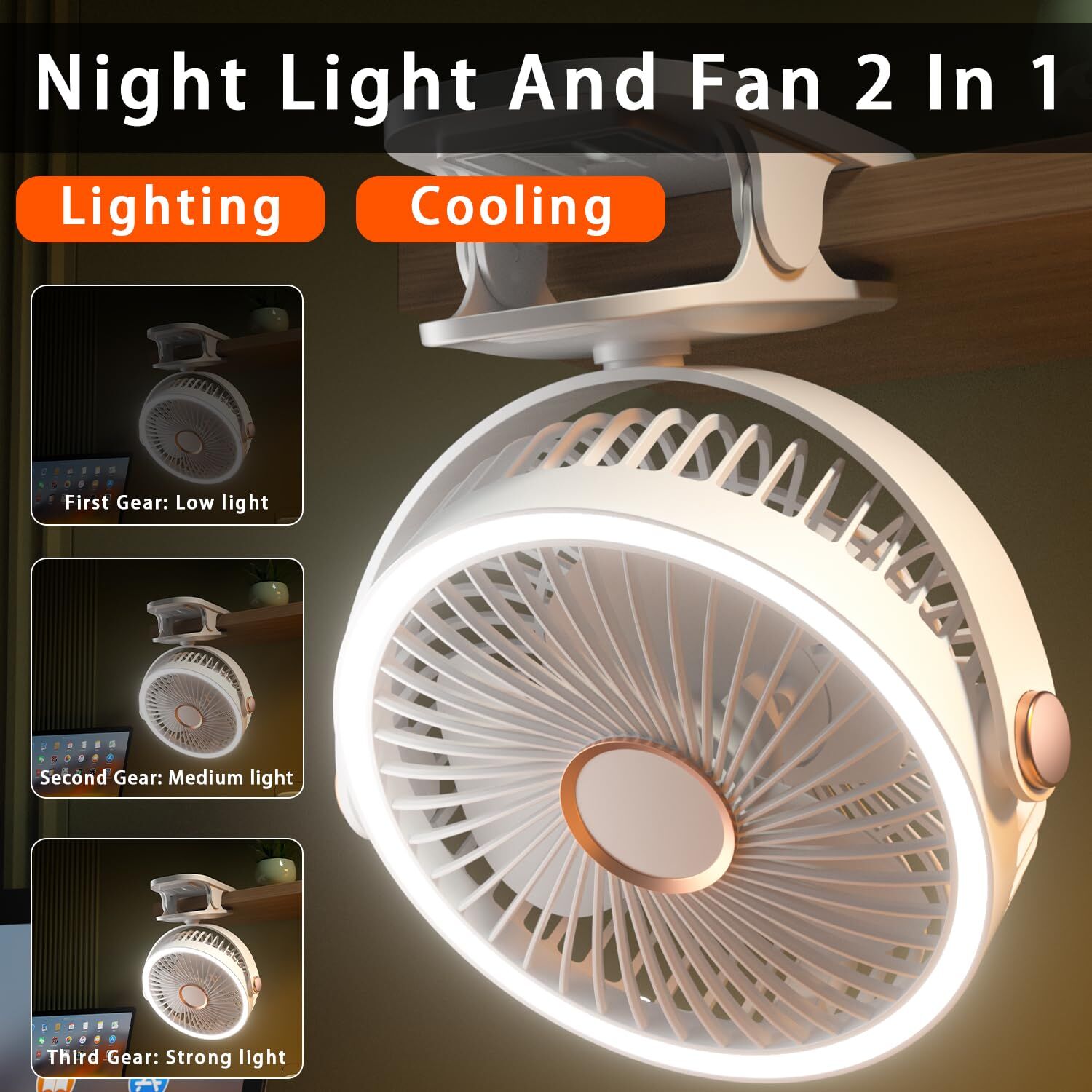 Mini Clip-on Fan with LED Light - USB Rechargeable, 360 degrees Rotatable, 5-Speed Cooling for Desk, Bed, V1107-CS-BXFS