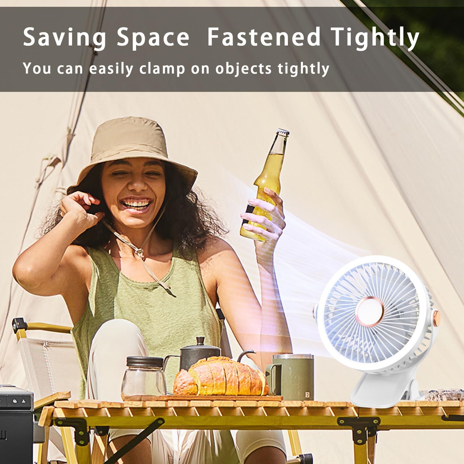 Mini Clip-on Fan with LED Light - USB Rechargeable, 360 degrees Rotatable, 5-Speed Cooling for Desk, Bed, V1107-CS-BXFS