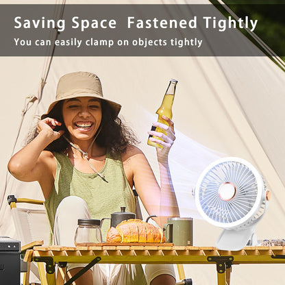 Mini Clip-on Fan with LED Light - USB Rechargeable, 360 degrees Rotatable, 5-Speed Cooling for Desk, Bed, V1107-CS-BXFS
