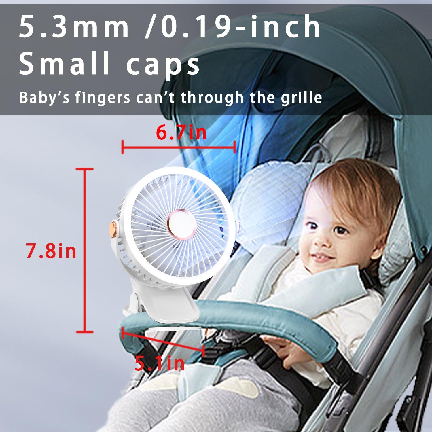 Mini Clip-on Fan with LED Light - USB Rechargeable, 360 degrees Rotatable, 5-Speed Cooling for Desk, Bed, V1107-CS-BXFS