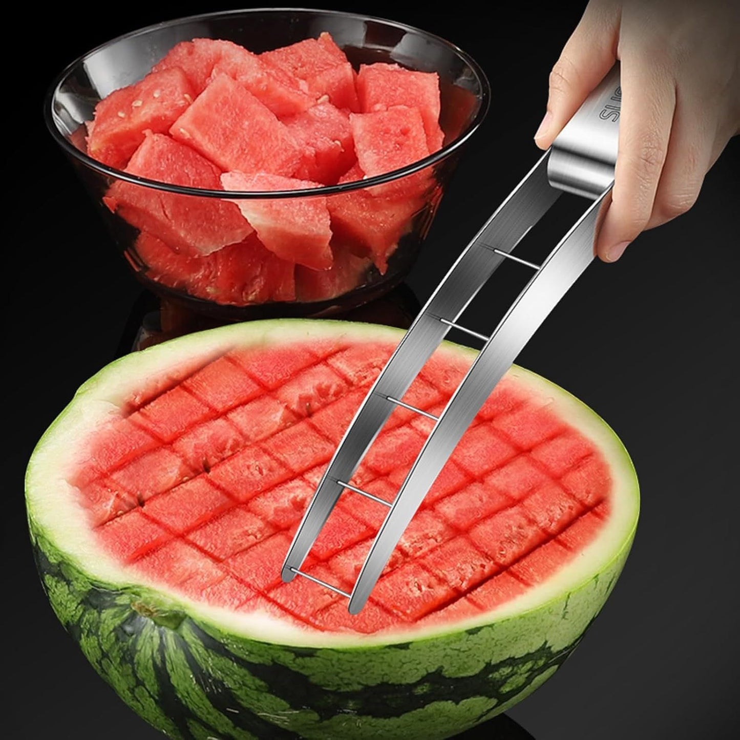 Stainless Steel Watermelon Cube Cutter Slicer, Ergonomic Handle Fruit Dicer for Kitchen and Outdoor Picnics V1107-CS-BXGQXGD