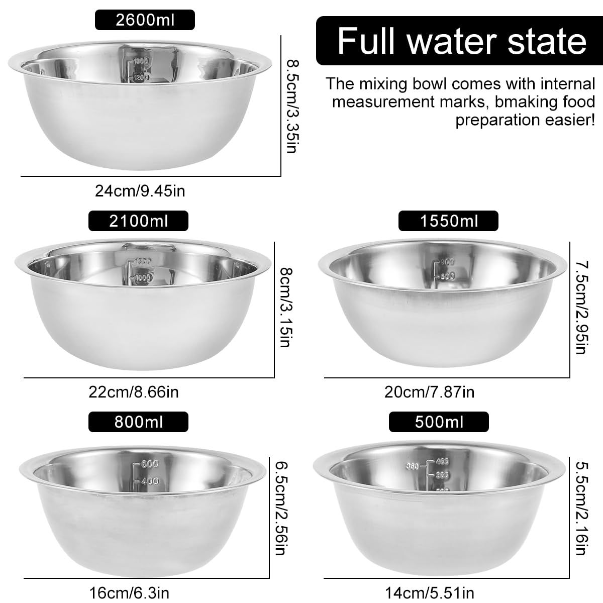 5-Piece Stainless Steel Mixing Bowl Set for Baking, Salad, Dough & Food Prep - Nesting Design with V1107-CS-BXGWTZ