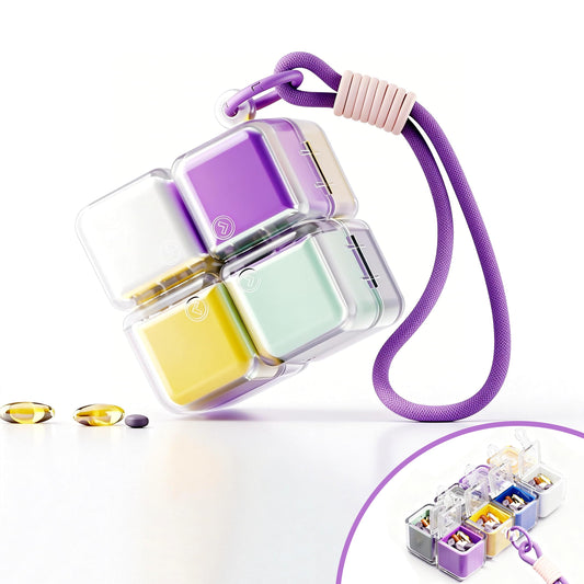 Cube-Shaped Weekly Pill Organizer with Carabiner Clip - 7 Compartment Portable Medicine Case, Airtight & V1107-CS-BXSMFYH