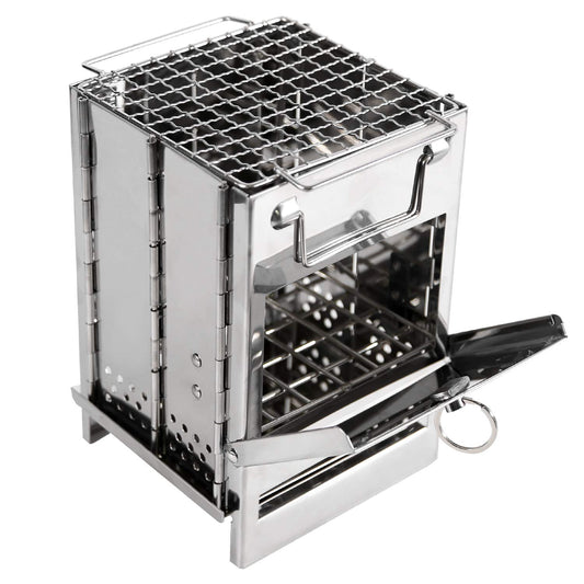 Portable Folding Camping Stove with Grill - Stainless Steel Wood-Burning Fire Pit for Hiking, Backpacking, V1107-CS-BXSSKL