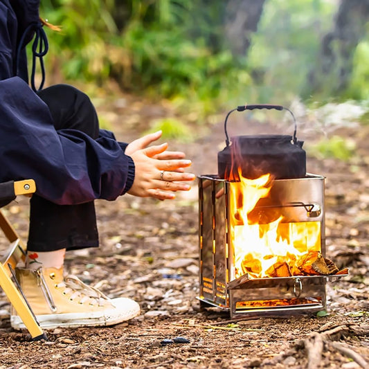 Portable Folding Camping Stove with Grill - Stainless Steel Wood-Burning Fire Pit for Hiking, Backpacking, V1107-CS-BXSSKL