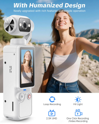 Handheld Pocket Camera - 2.5K UHD, 180 degrees Rotating Lens, Fill Light, 2000mAh Battery, No App Needed, V1107-CS-BXSSXJB