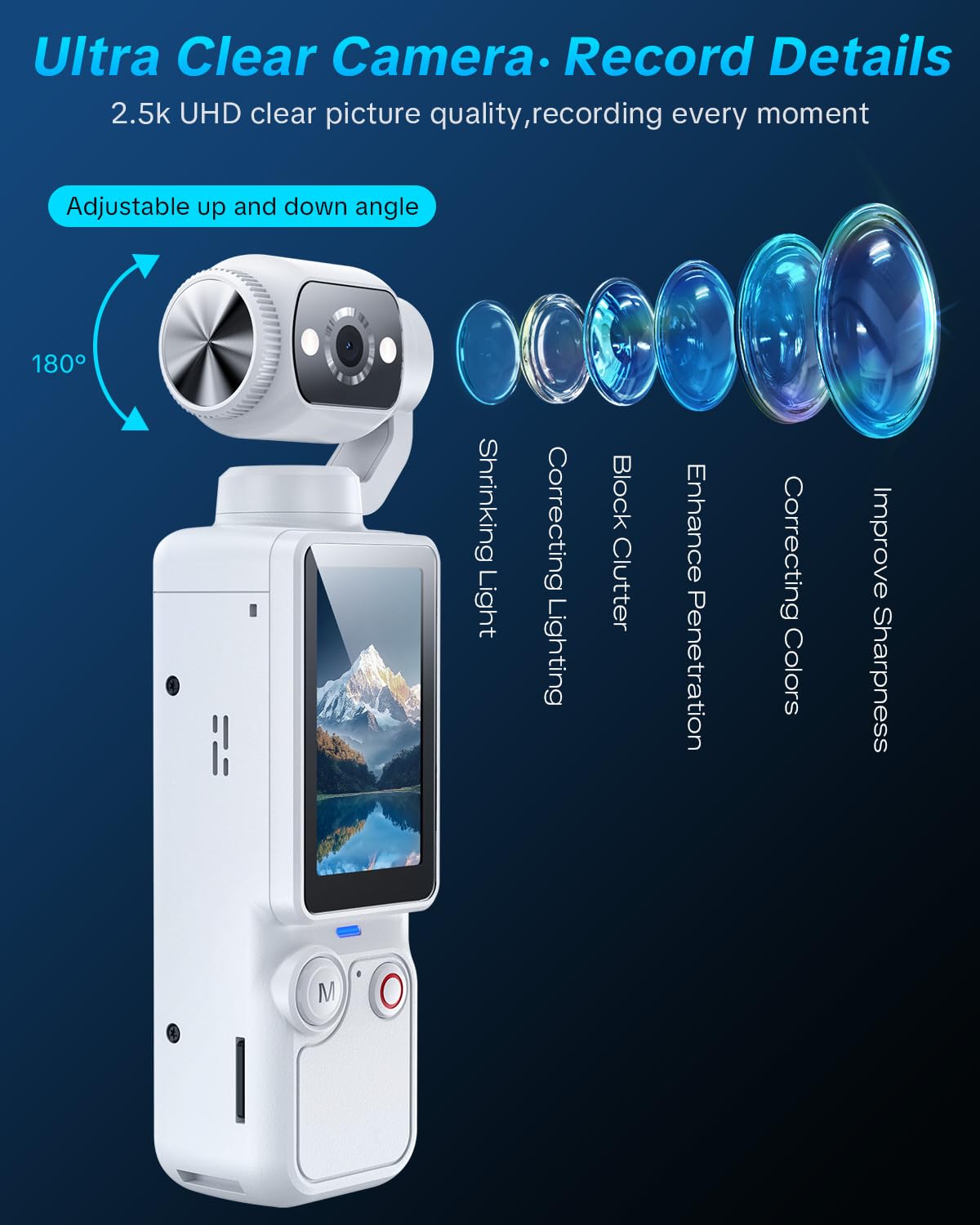 Handheld Pocket Camera - 2.5K UHD, 180 degrees Rotating Lens, Fill Light, 2000mAh Battery, No App Needed, V1107-CS-BXSSXJB