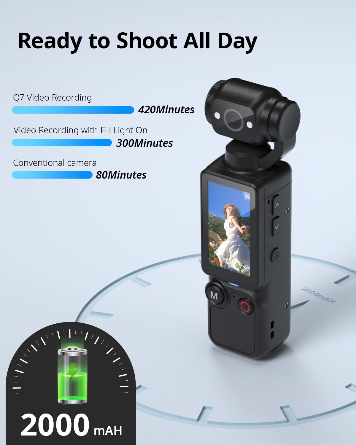 Handheld Pocket Camera - 2.5K UHD, 180 degrees Rotating Lens, Fill Light, 2000mAh Battery, No App Needed, V1107-CS-BXSSXJH