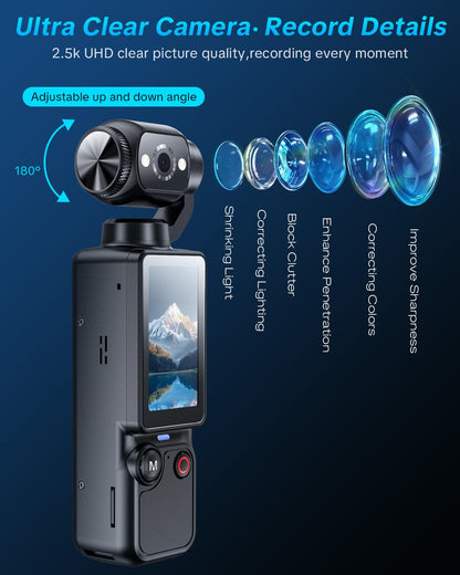 Handheld Pocket Camera - 2.5K UHD, 180 degrees Rotating Lens, Fill Light, 2000mAh Battery, No App Needed, V1107-CS-BXSSXJH