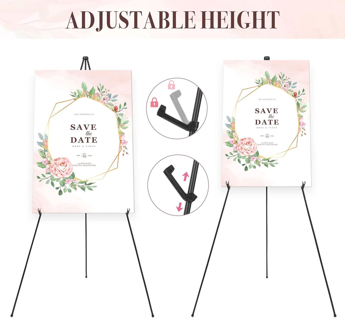 Portable Folding Metal Tripod Easel for Wedding Signs, Posters & Art Displays - Adjustable Height, Non-Slip V1107-CS-BXSZJ
