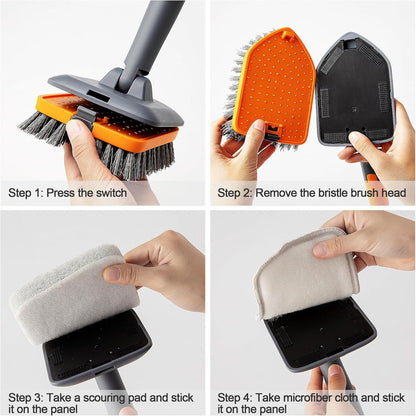 3-in-1 Extendable Cleaning System with Rotatable Head, Stiff Bristle Brush, Microfiber Pad, and Scouring V1107-CS-CBYSS