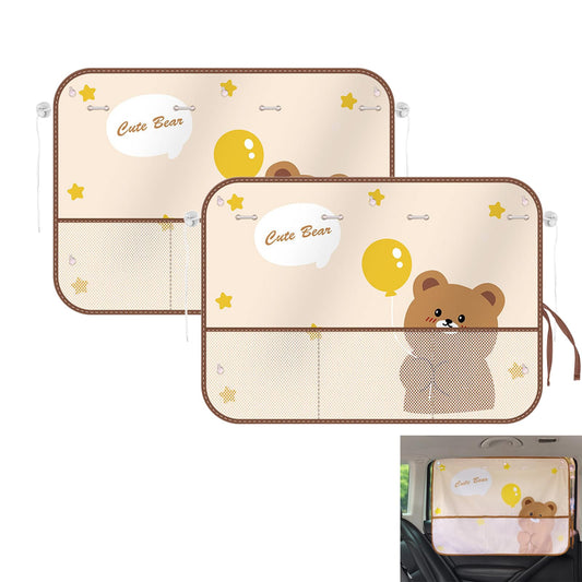 Cute Bear Car Sunshade Set of 2 - Side Window Curtain with Storage Mesh Pockets and Suction Cups for Kids - V1107-CS-CCZYL