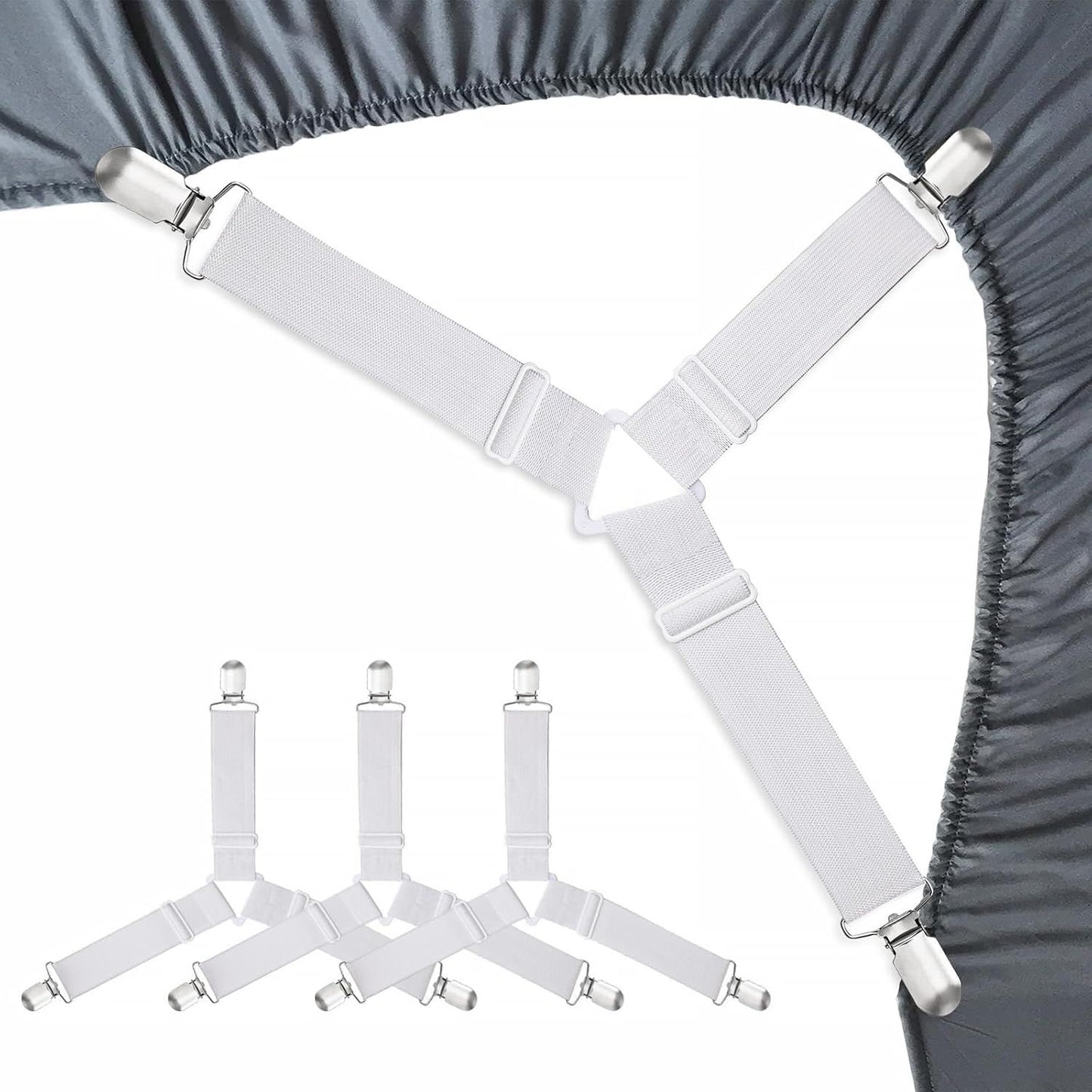 4-Pack Adjustable Bed Sheet Fasteners with Triangle 3-Clamp Design, White Elastic Bands & Nickel-Plated V1107-CS-CDBZGDQ1