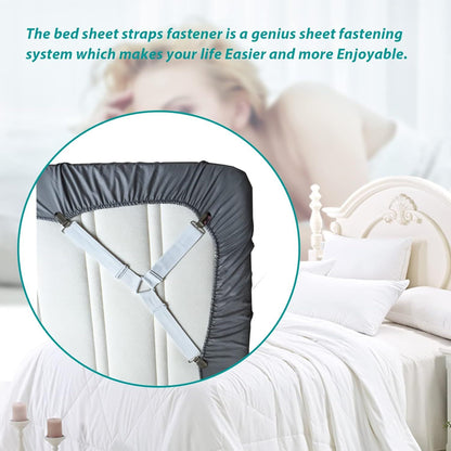 4-Pack Adjustable Bed Sheet Fasteners with Triangle 3-Clamp Design, White Elastic Bands & Nickel-Plated V1107-CS-CDBZGDQ1
