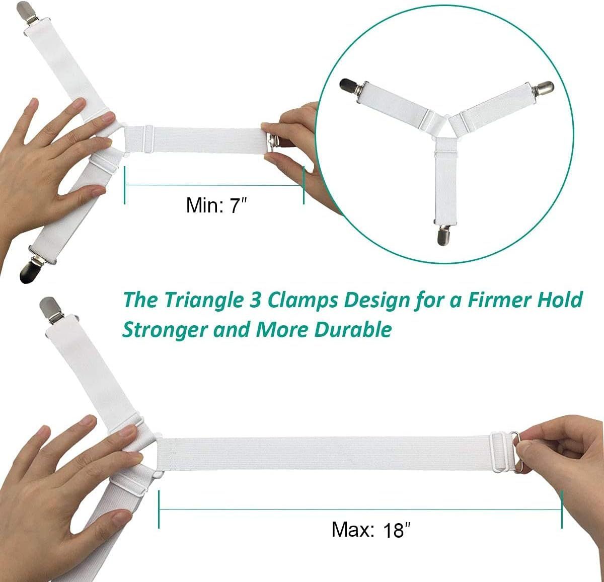 4-Pack Adjustable Bed Sheet Fasteners with Triangle 3-Clamp Design, White Elastic Bands & Nickel-Plated V1107-CS-CDBZGDQ1