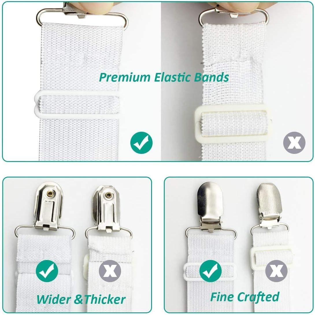 4-Pack Adjustable Bed Sheet Fasteners with Triangle 3-Clamp Design, White Elastic Bands & Nickel-Plated V1107-CS-CDBZGDQ1
