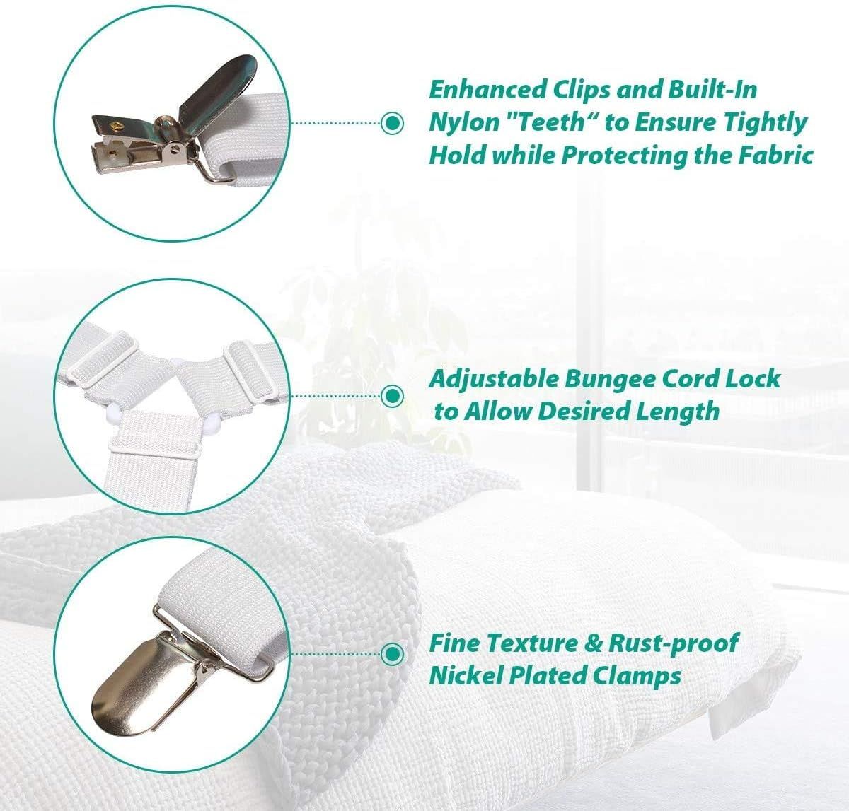 8-Pack Adjustable Bed Sheet Fasteners with Triangle 3-Clamp Design, White Elastic Bands & Nickel-Plated V1107-CS-CDBZGDQ2