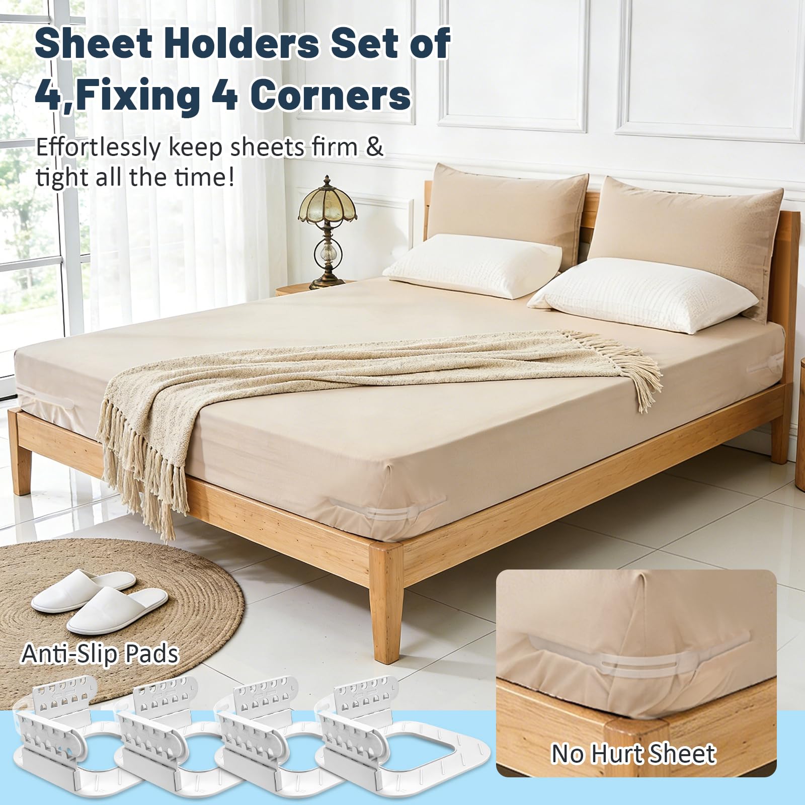 4-Piece Bed Sheet Holders Set - Adjustable No-Pin Fitted Sheet Clips for Mattress Corners, Prevents Sliding V1107-CS-CDGDQ