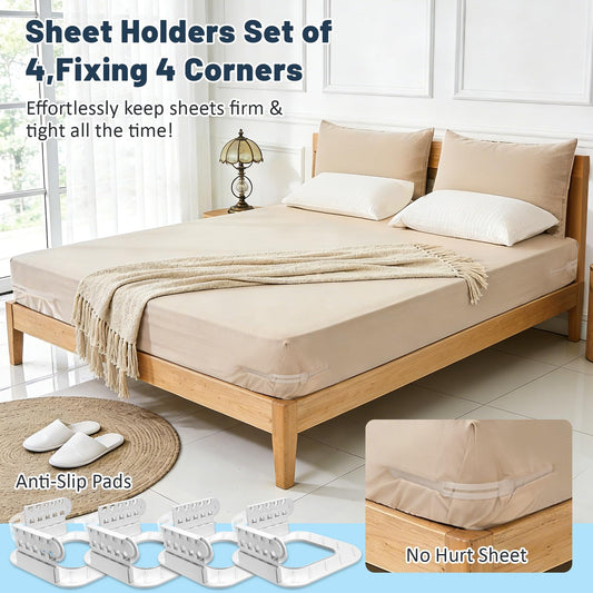 4-Piece Bed Sheet Holders Set - Adjustable No-Pin Fitted Sheet Clips for Mattress Corners, Prevents Sliding V1107-CS-CDGDQ