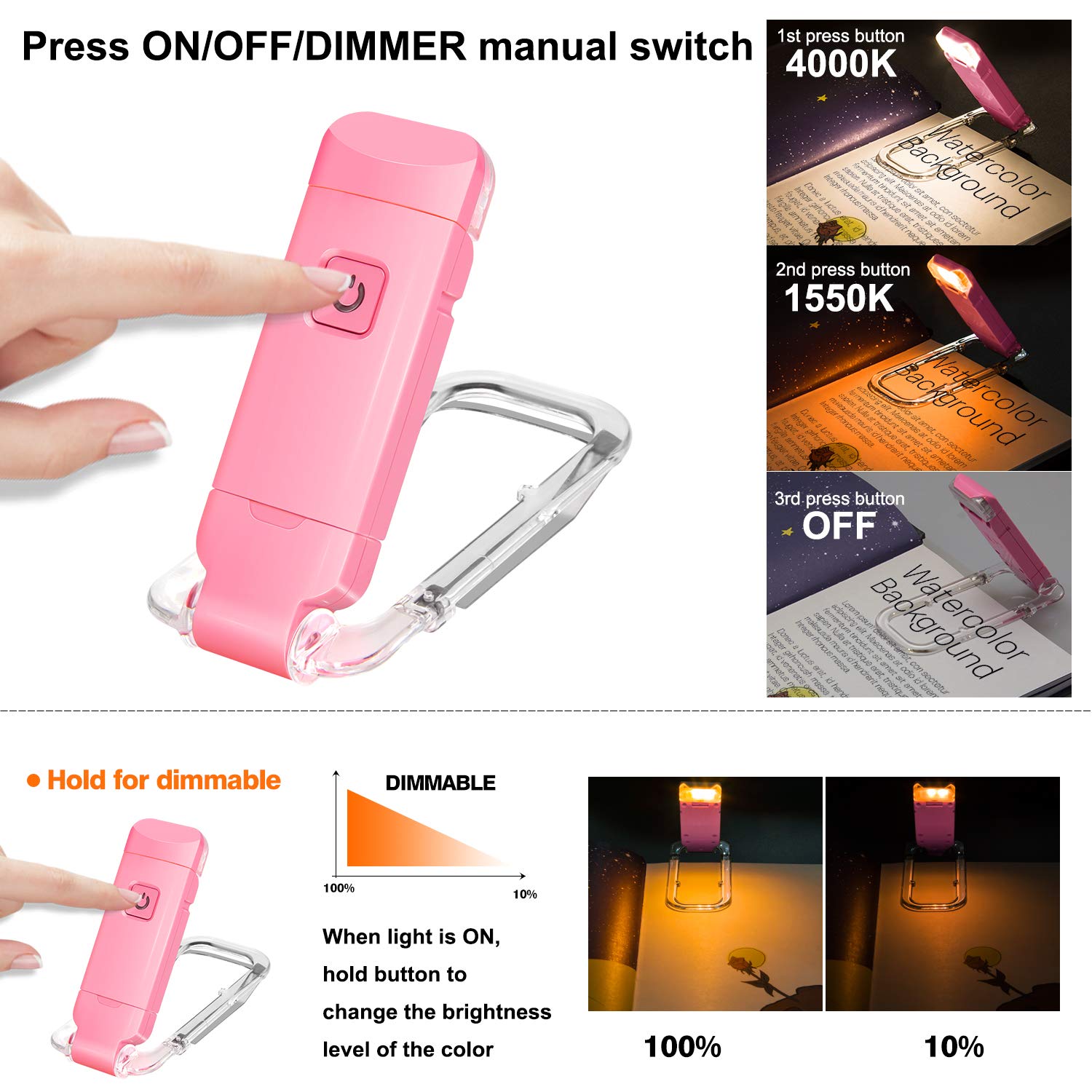 Rechargeable LED Book Light with Dimmable Warm White & Amber Modes - USB-Powered Clip-On Reading Lamp for V1107-CS-CDJSDF