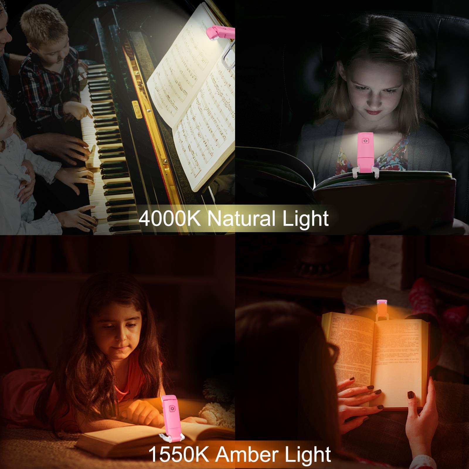Rechargeable LED Book Light with Dimmable Warm White & Amber Modes - USB-Powered Clip-On Reading Lamp for V1107-CS-CDJSDF
