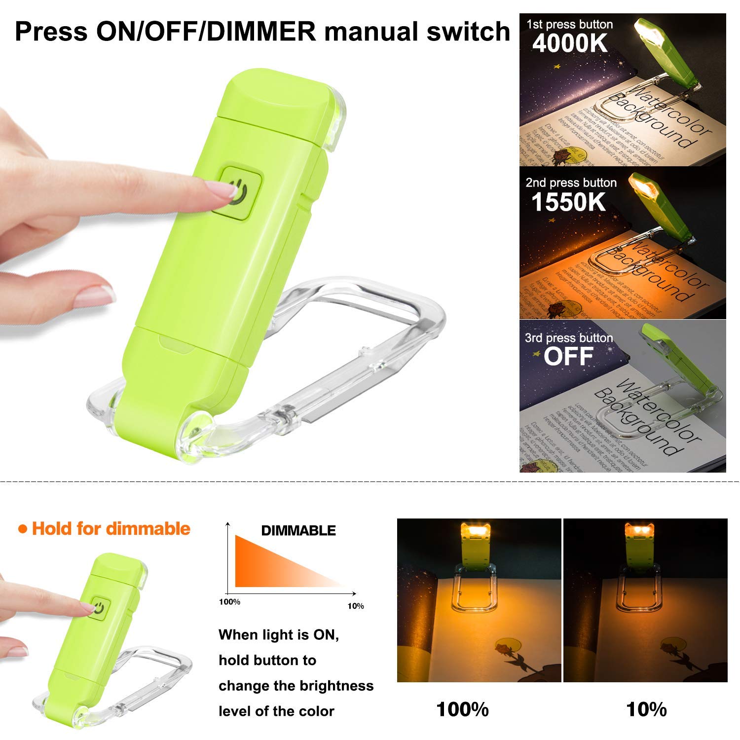 Rechargeable LED Book Light with Dimmable Warm White & Amber Modes - USB-Powered Clip-On Reading Lamp for V1107-CS-CDJSDL