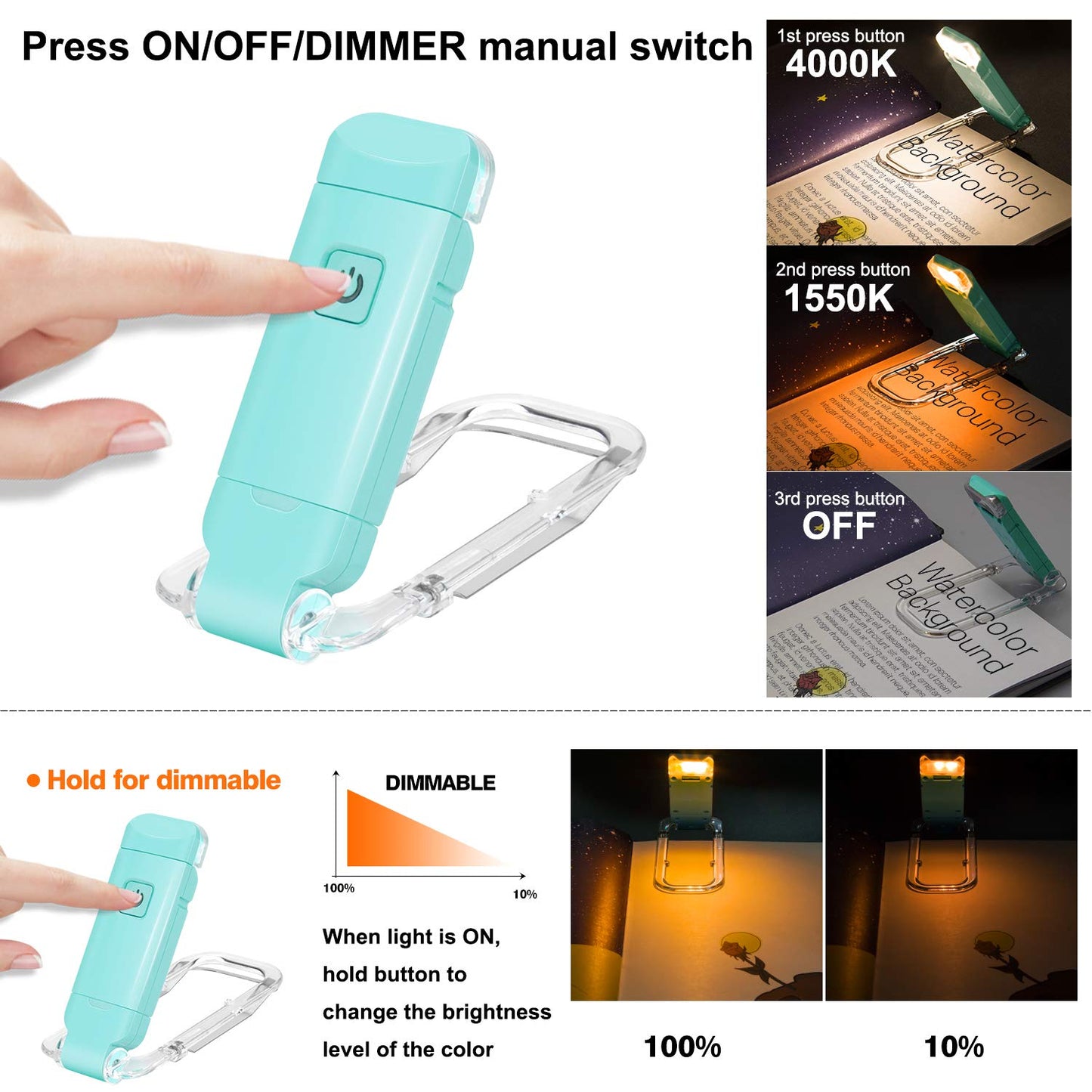 Rechargeable LED Book Light with Dimmable Warm White & Amber Modes - USB-Powered Clip-On Reading Lamp for V1107-CS-CDJSDLA