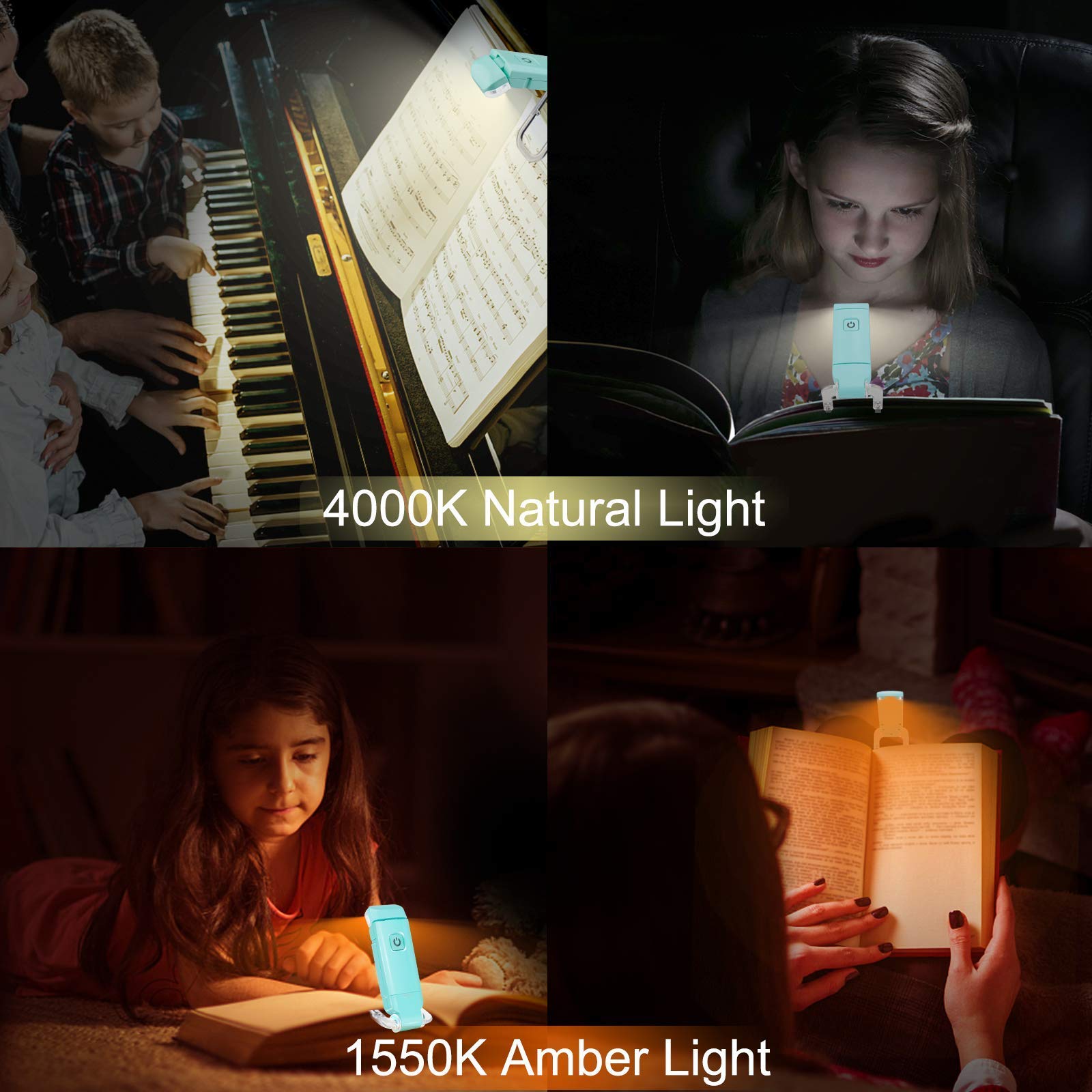 Rechargeable LED Book Light with Dimmable Warm White & Amber Modes - USB-Powered Clip-On Reading Lamp for V1107-CS-CDJSDLA