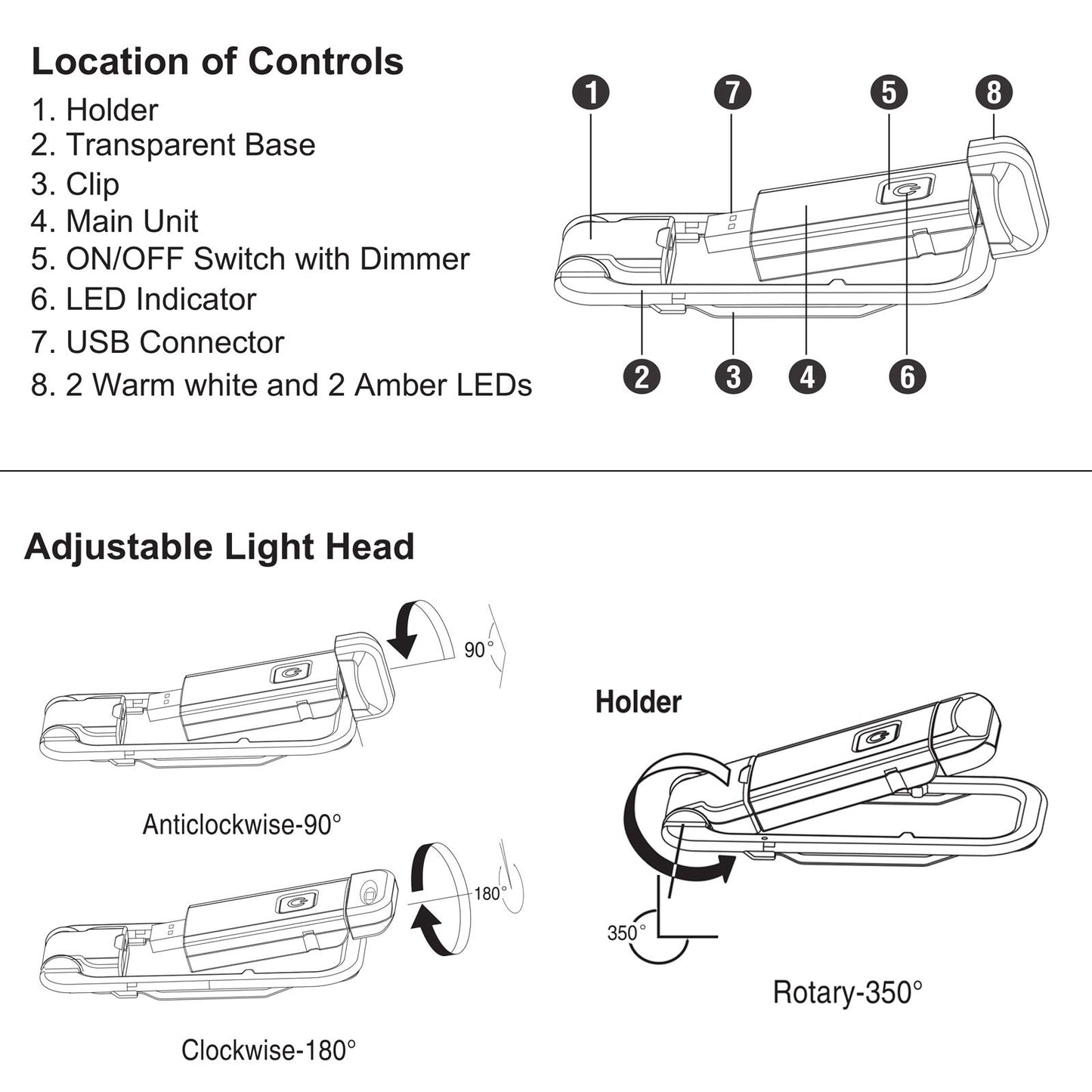 Rechargeable LED Book Light with Dimmable Warm White & Amber Modes - USB-Powered Clip-On Reading Lamp for V1107-CS-CDJSDLA