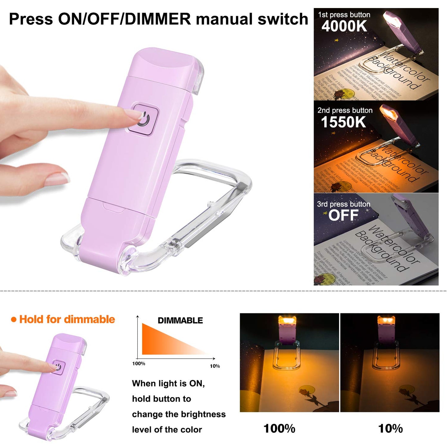 Rechargeable LED Book Light with Dimmable Warm White & Amber Modes - USB-Powered Clip-On Reading Lamp for V1107-CS-CDJSDZ