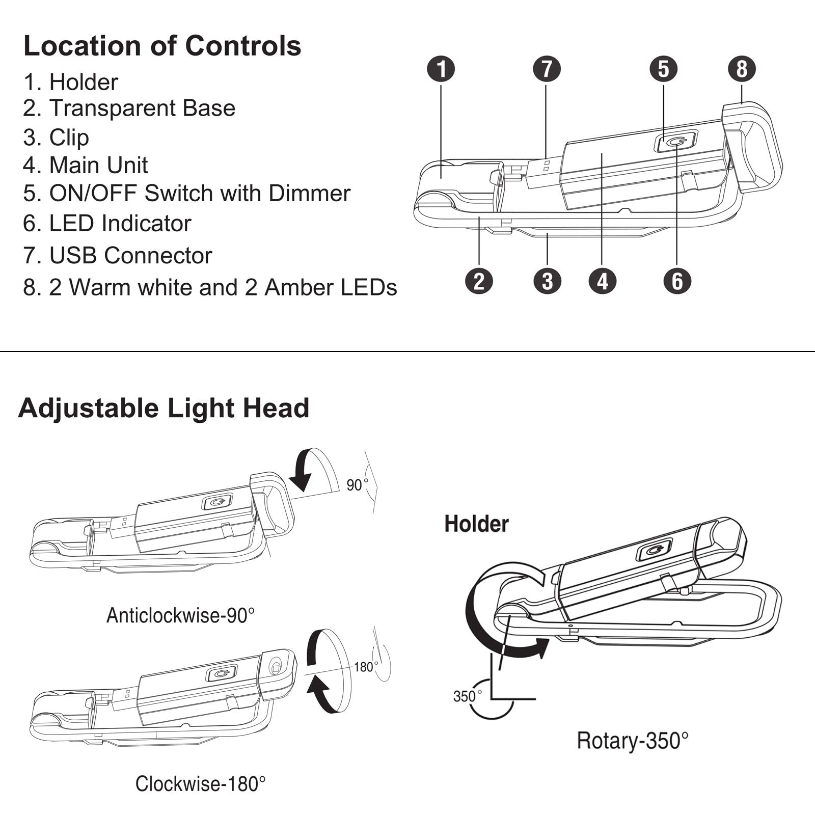 Rechargeable LED Book Light with Dimmable Warm White & Amber Modes - USB-Powered Clip-On Reading Lamp for V1107-CS-CDJSDZ