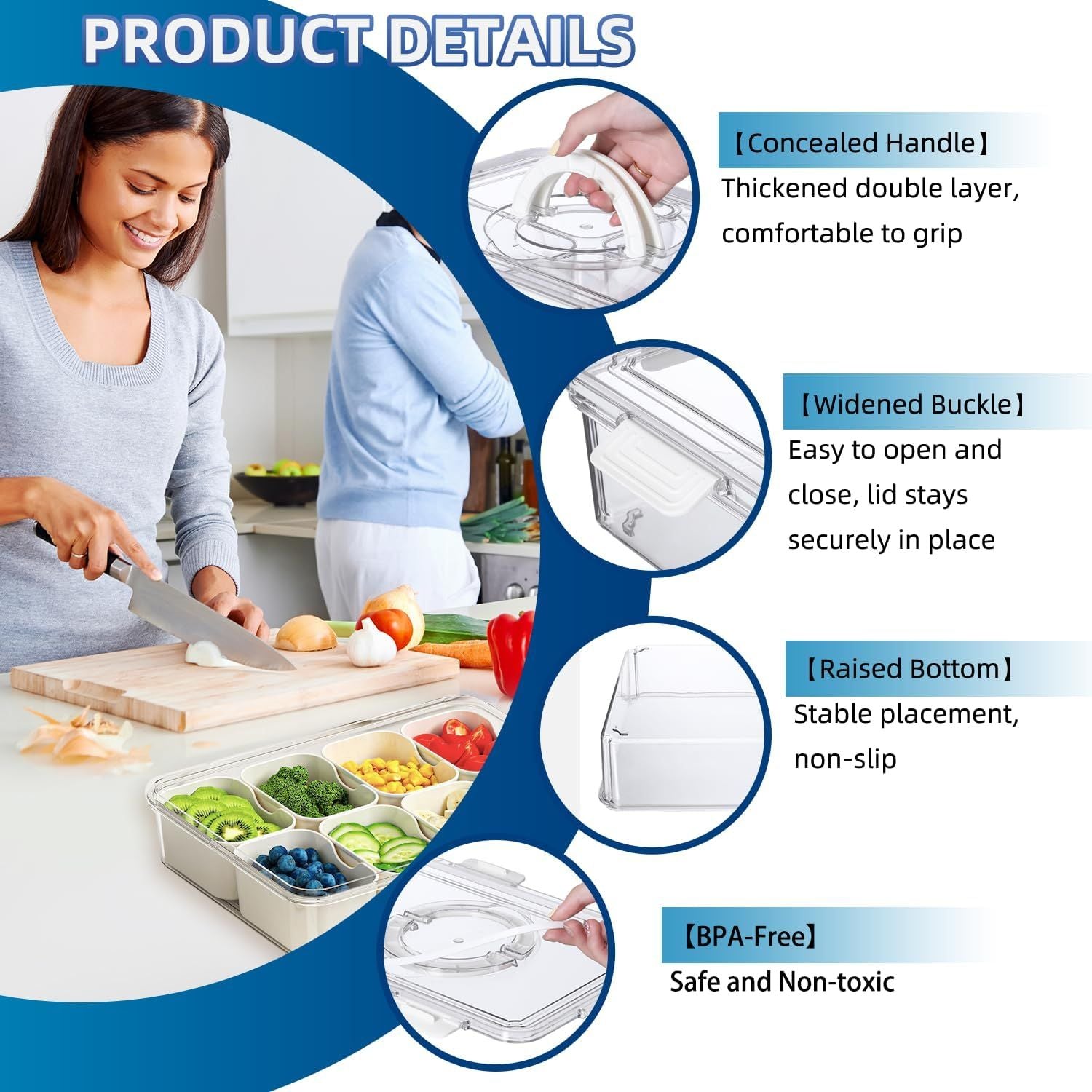8-Compartment Sealed Snack Organizer with Handle for Fridge, Picnic & Kitchen Storage - BPA-Free Food V1107-CS-CFTLSNH