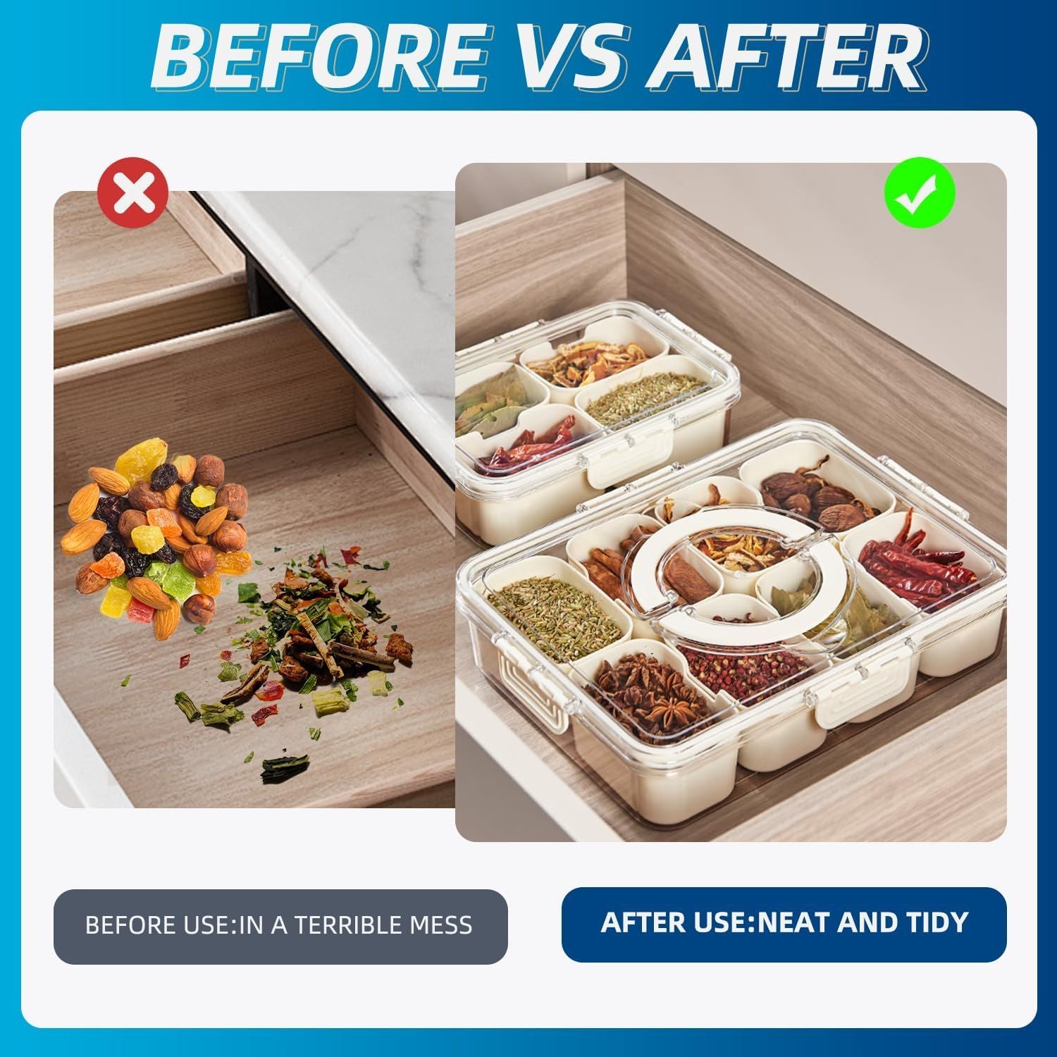 8-Compartment Sealed Snack Organizer with Handle for Fridge, Picnic & Kitchen Storage - BPA-Free Food V1107-CS-CFTLSNH