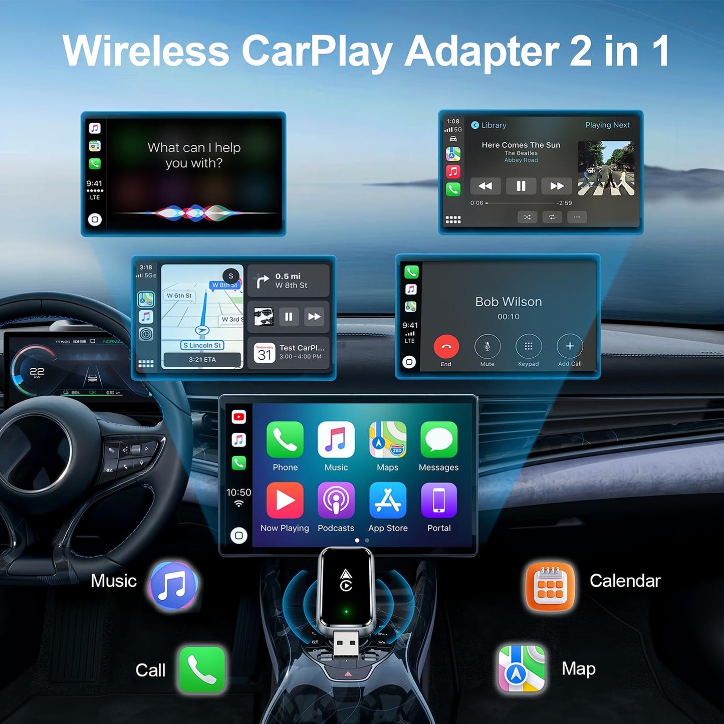 Wireless CarPlay Adapter 2-in-1 for iPhone & Android - Bluetooth 5.0 USB Dongle with OTA Update and Voice V1107-CS-CJHLHZ