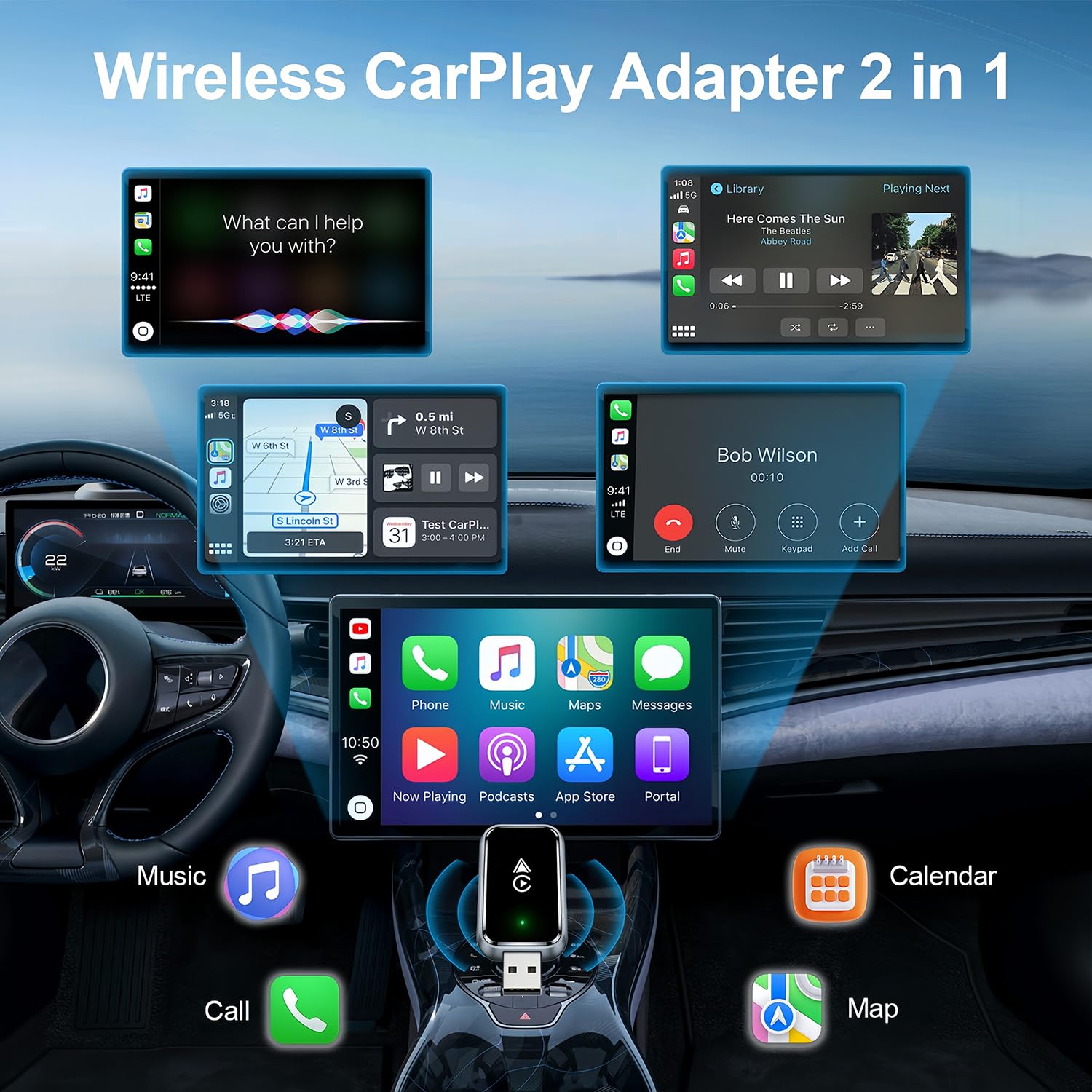 Wireless CarPlay Adapter 2-in-1 for iPhone & Android - Bluetooth 5.0 USB Dongle with OTA Update and Voice V1107-CS-CJHLHZ