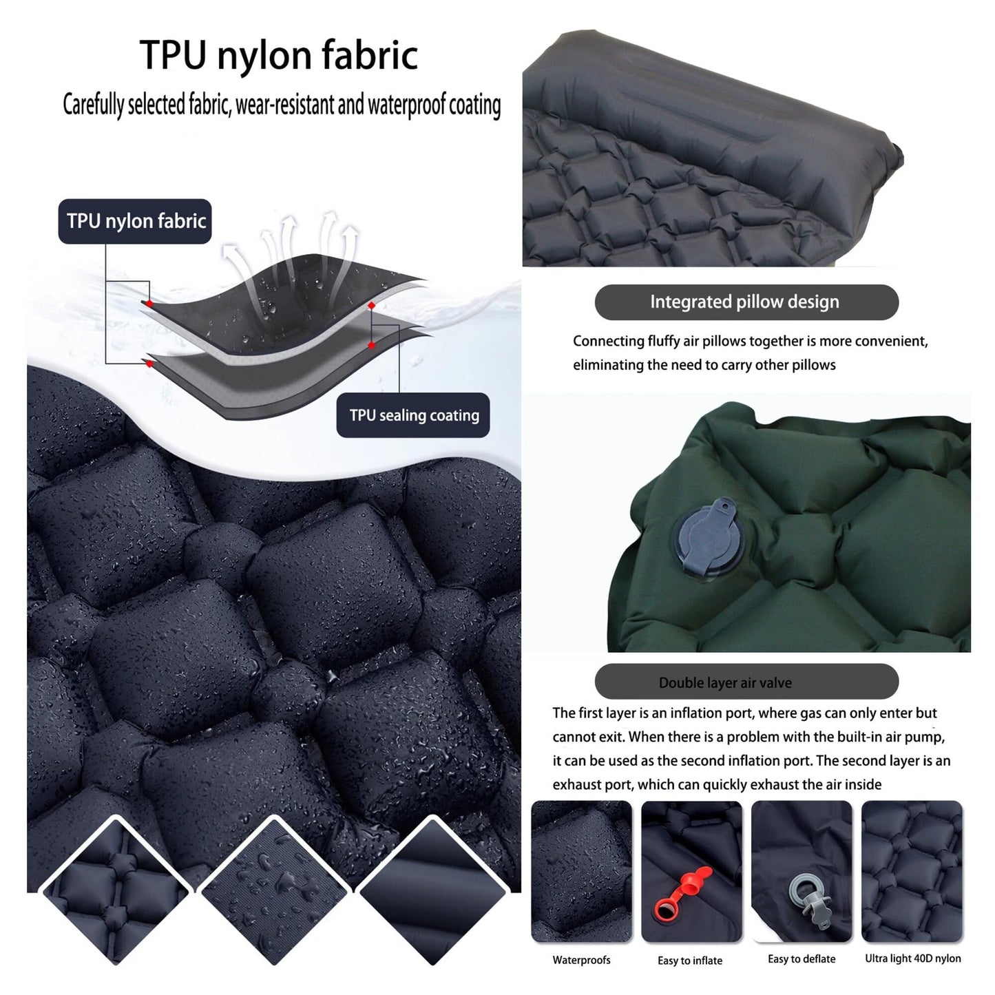 Ultralight Camping Sleeping Pad: Built-in Foot Pump, Integrated Pillow - Compact, Waterproof for V1107-CS-CQCD