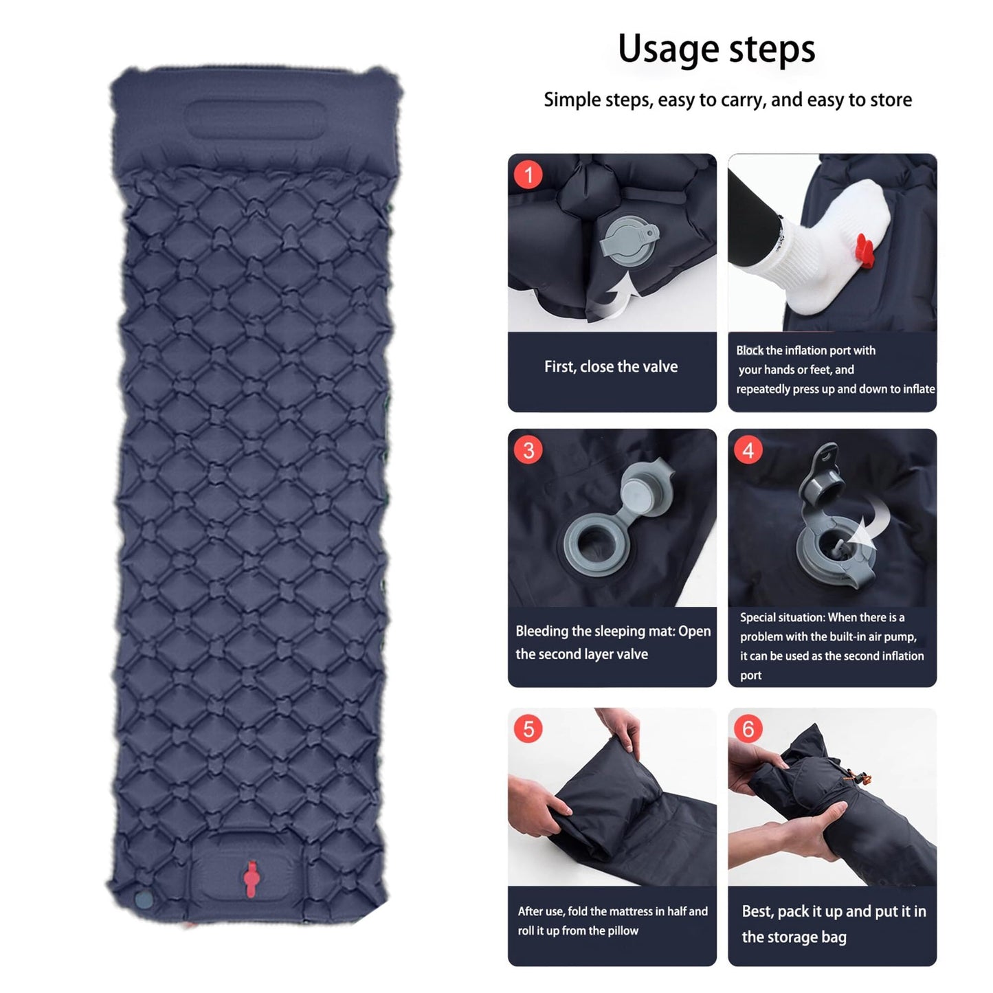Ultralight Camping Sleeping Pad: Built-in Foot Pump, Integrated Pillow - Compact, Waterproof for V1107-CS-CQCD
