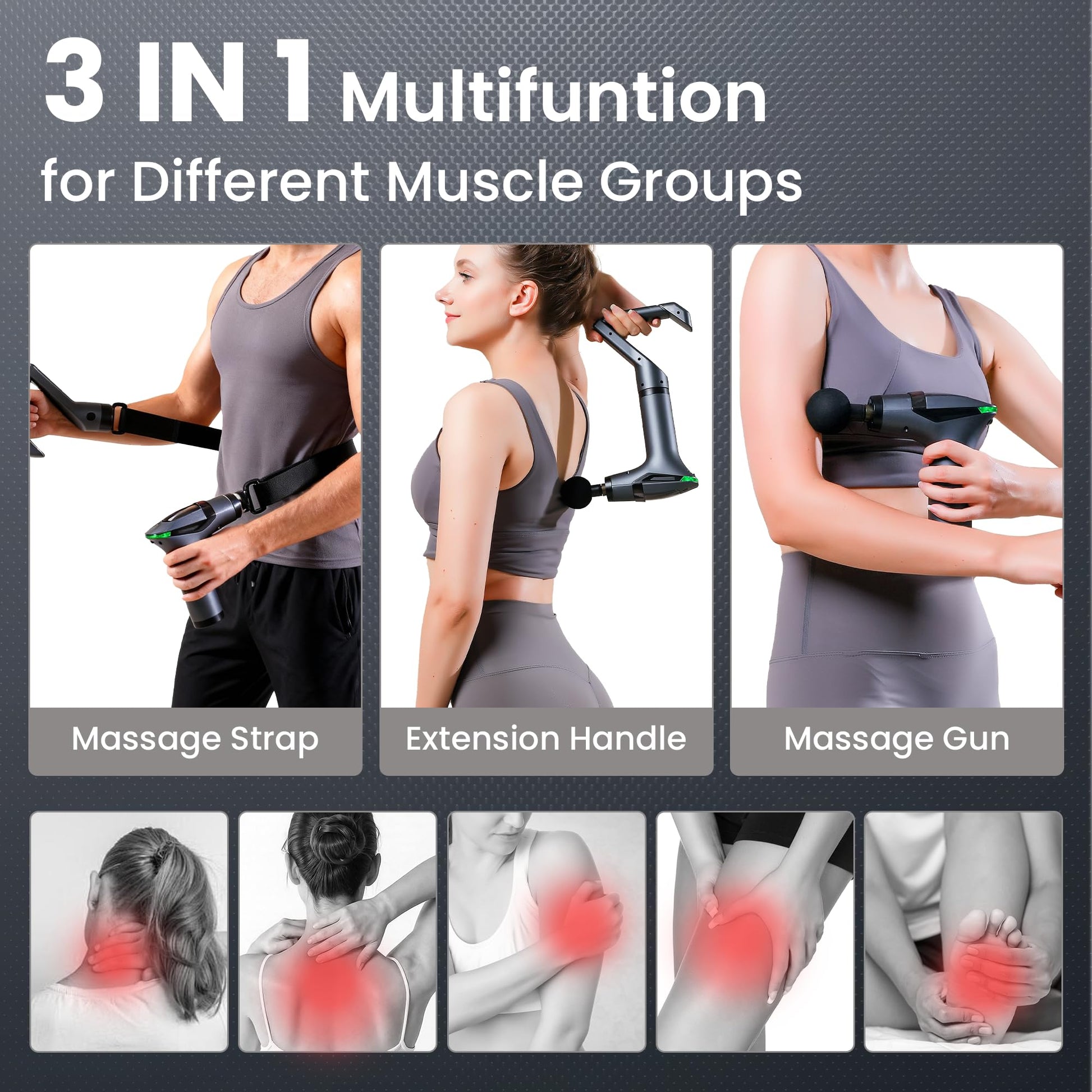 Black 3-in-1 Massage Gun with Extendable Handle & Back Strap - 12-Speed Deep Tissue Muscle Massager, 4 V1107-CS-CSBJMQ1
