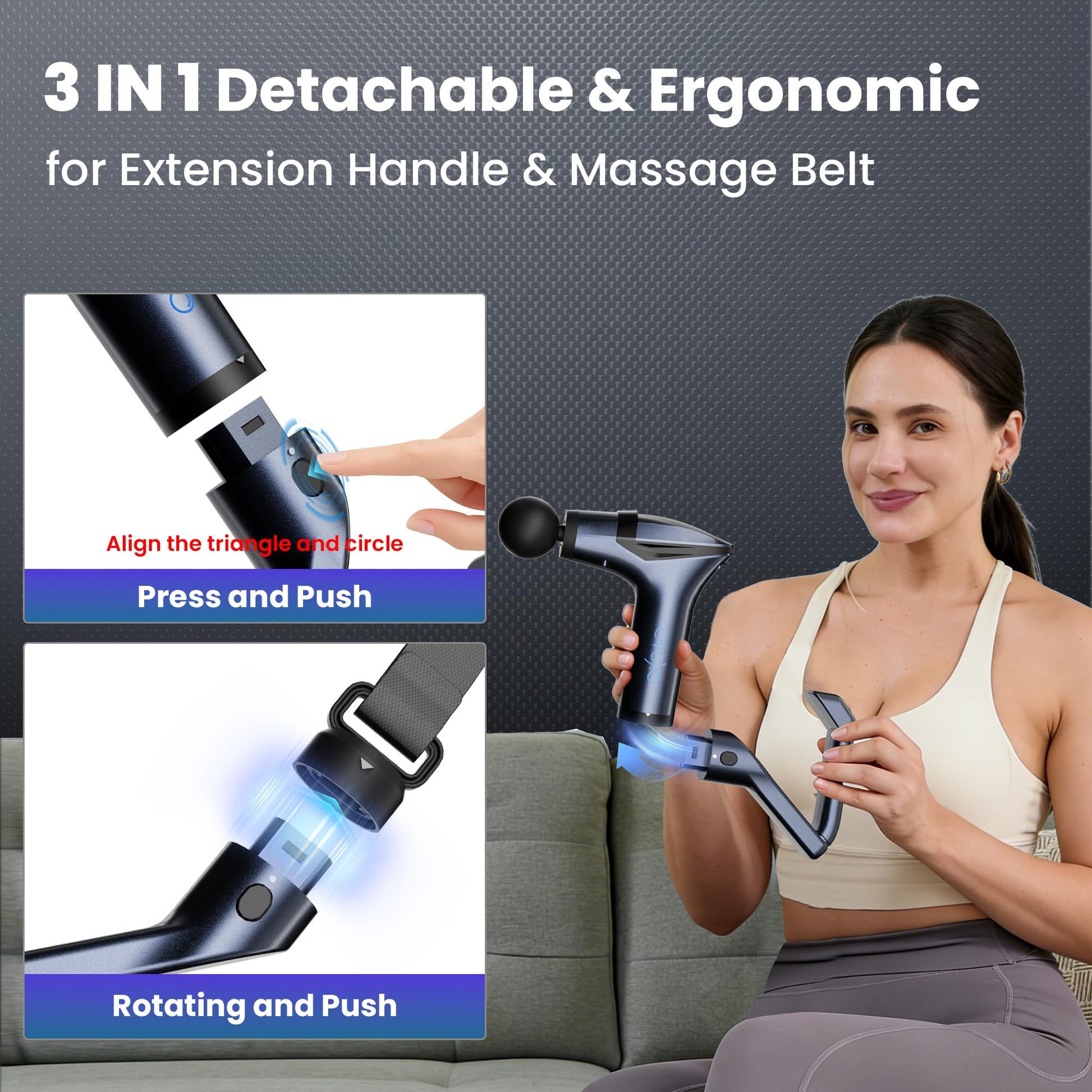 Black 3-in-1 Massage Gun with Extendable Handle & Back Strap - 12-Speed Deep Tissue Muscle Massager, 4 V1107-CS-CSBJMQ1
