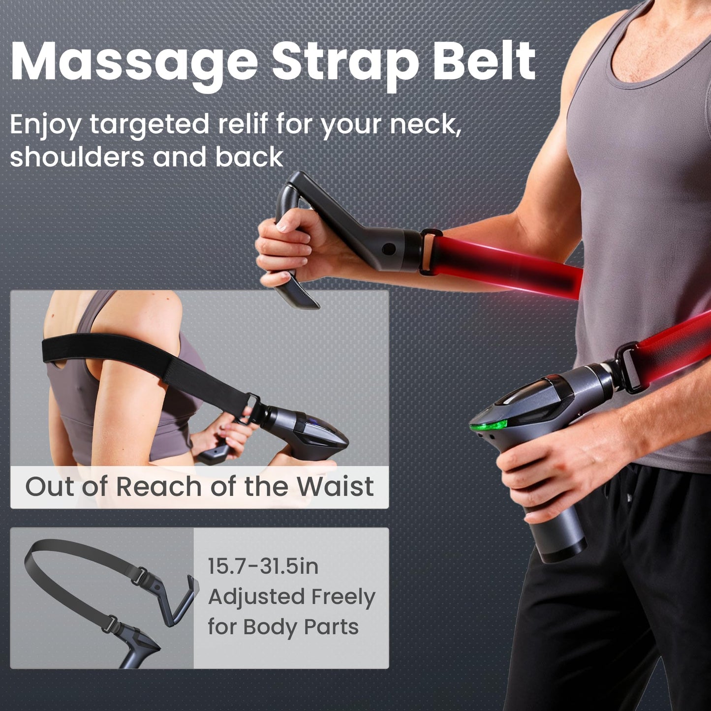 Black 3-in-1 Massage Gun with Extendable Handle & Back Strap - 12-Speed Deep Tissue Muscle Massager, 4 V1107-CS-CSBJMQ1