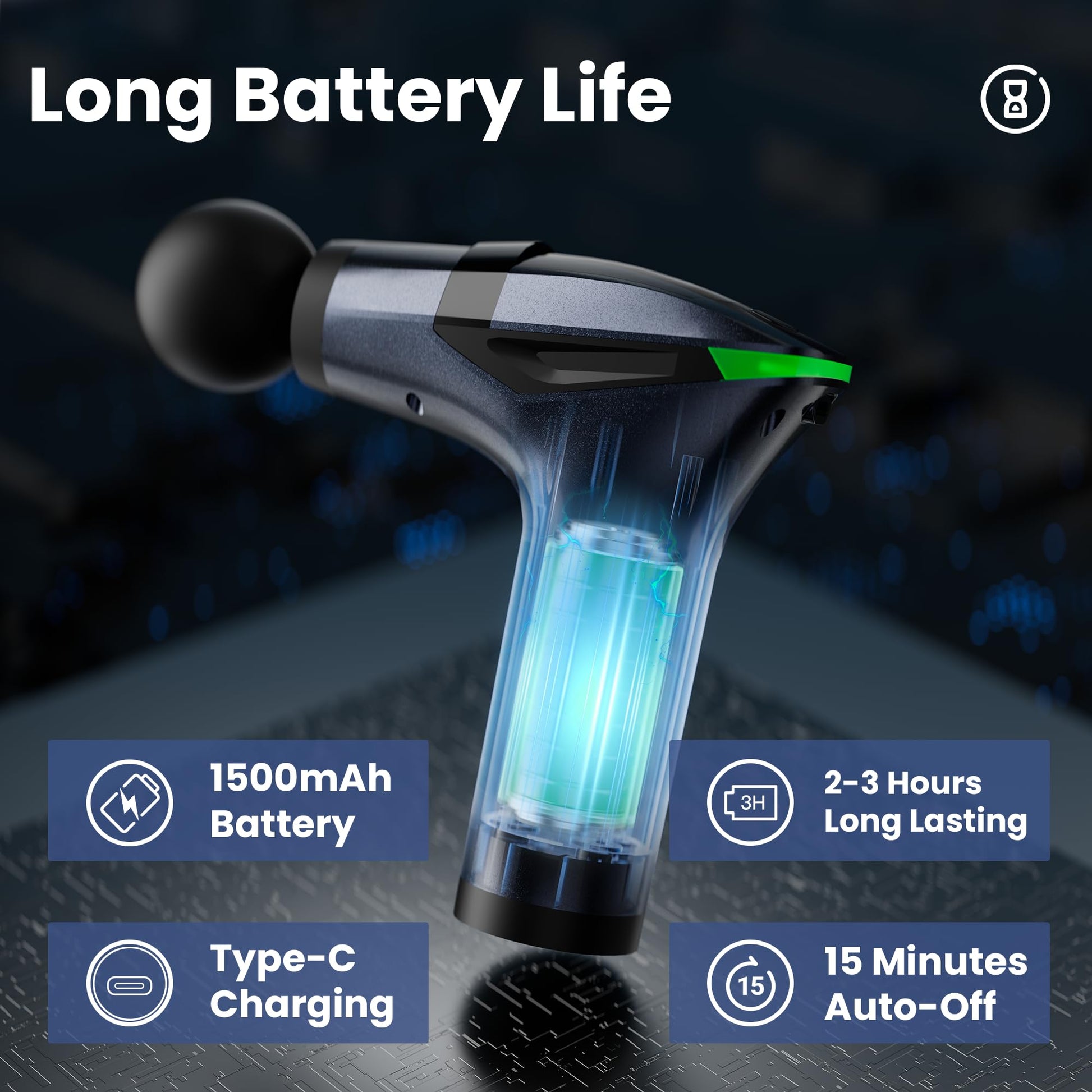 Black 3-in-1 Massage Gun with Extendable Handle & Back Strap - 12-Speed Deep Tissue Muscle Massager, 4 V1107-CS-CSBJMQ1