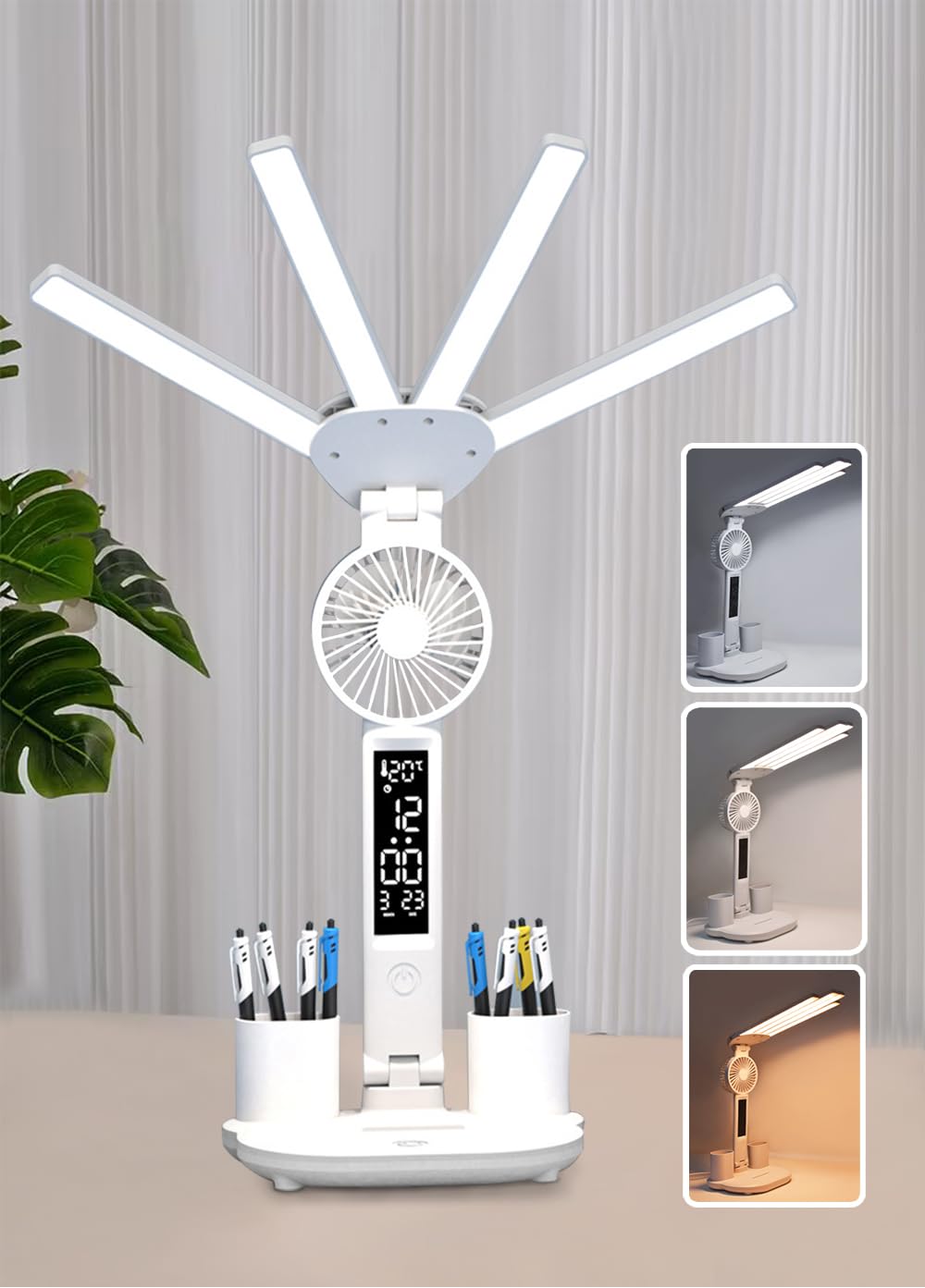 4-Arm Foldable LED Desk Lamp with Built-in Fan, Digital Clock, Temp Display & Dual Pen Holders - 3-Color V1107-CS-CTXXZDD