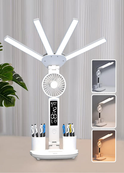 4-Arm Foldable LED Desk Lamp with Built-in Fan, Digital Clock, Temp Display & Dual Pen Holders - 3-Color V1107-CS-CTXXZDD