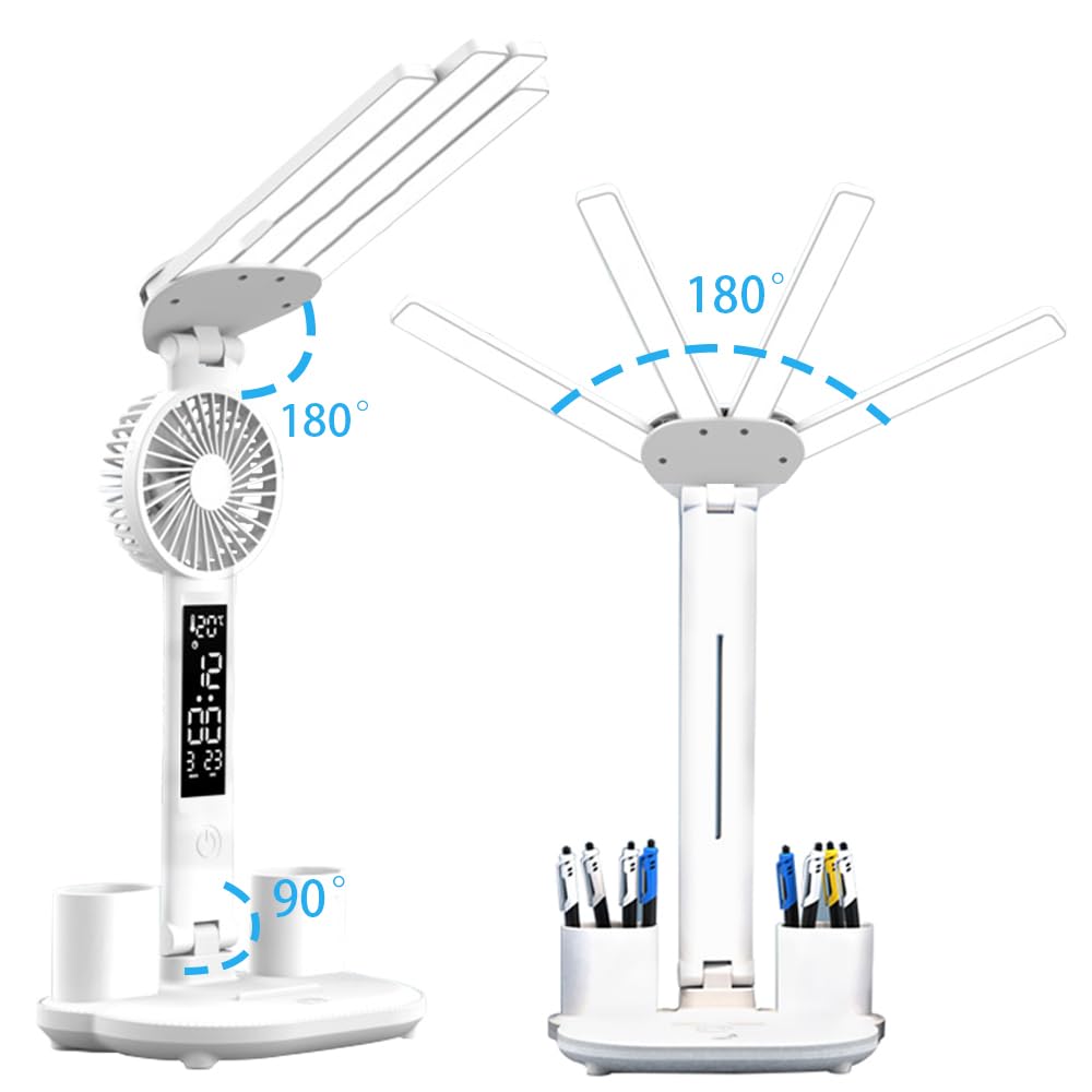 4-Arm Foldable LED Desk Lamp with Built-in Fan, Digital Clock, Temp Display & Dual Pen Holders - 3-Color V1107-CS-CTXXZDD