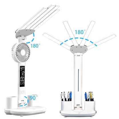 4-Arm Foldable LED Desk Lamp with Built-in Fan, Digital Clock, Temp Display & Dual Pen Holders - 3-Color V1107-CS-CTXXZDD