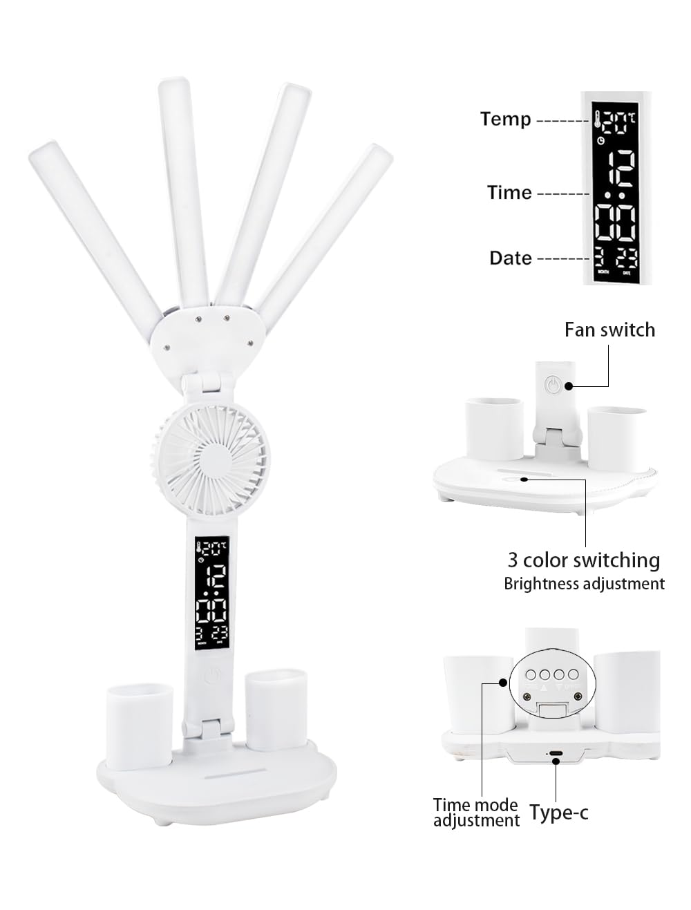 4-Arm Foldable LED Desk Lamp with Built-in Fan, Digital Clock, Temp Display & Dual Pen Holders - 3-Color V1107-CS-CTXXZDD