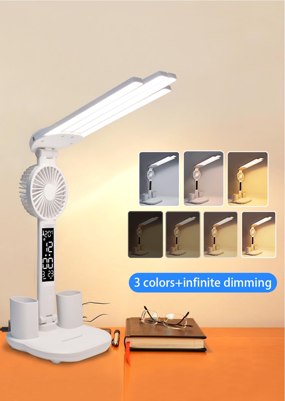 4-Arm Foldable LED Desk Lamp with Built-in Fan, Digital Clock, Temp Display & Dual Pen Holders - 3-Color V1107-CS-CTXXZDD