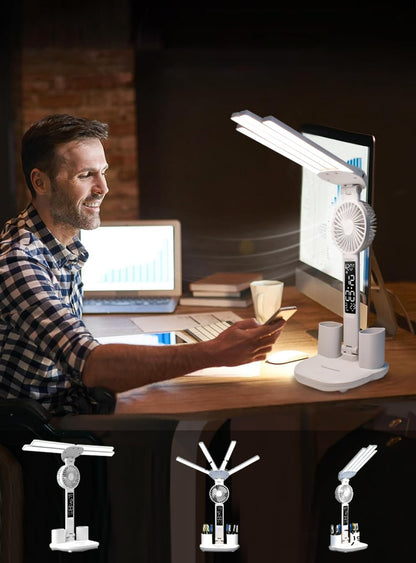 4-Arm Foldable LED Desk Lamp with Built-in Fan, Digital Clock, Temp Display & Dual Pen Holders - 3-Color V1107-CS-CTXXZDD